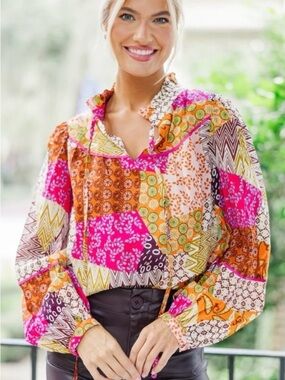 Fate Boho Patchwork Top in Fuchsia and Orange Size Medium NWT